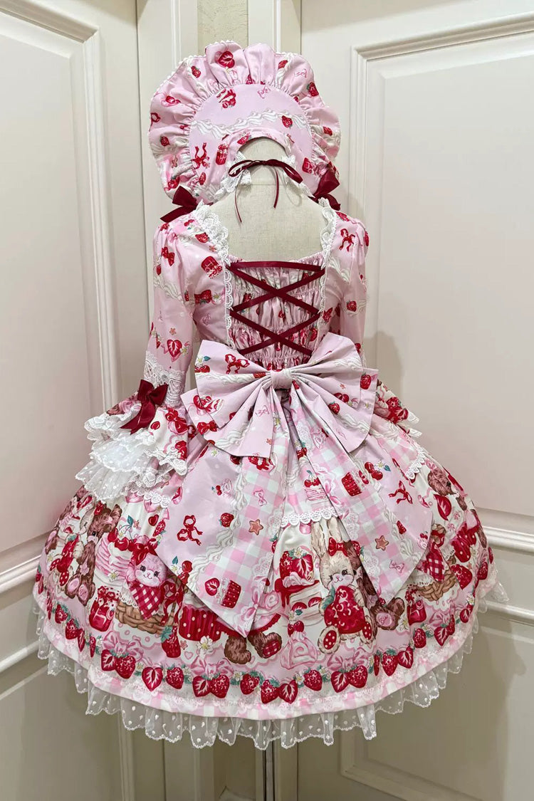 Red/Pink [Sweet Berry Bunny Bear] Half Sleeves Printed Bow Lace Lace-Up Sweet Lolita OP Dress - Product - 2