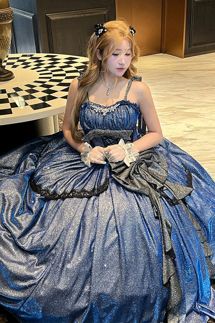 Blue [Galaxy of Fallen Tears] Sleeveless Glitter Series Ruffled Bow Asymmetric Sweet Lolita Jsk Dress - Product - 9