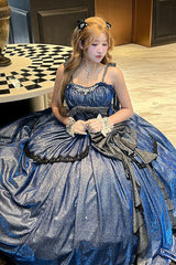 Blue [Galaxy of Fallen Tears] Sleeveless Glitter Series Ruffled Bow Asymmetric Sweet Lolita Jsk Dress - Product - 9