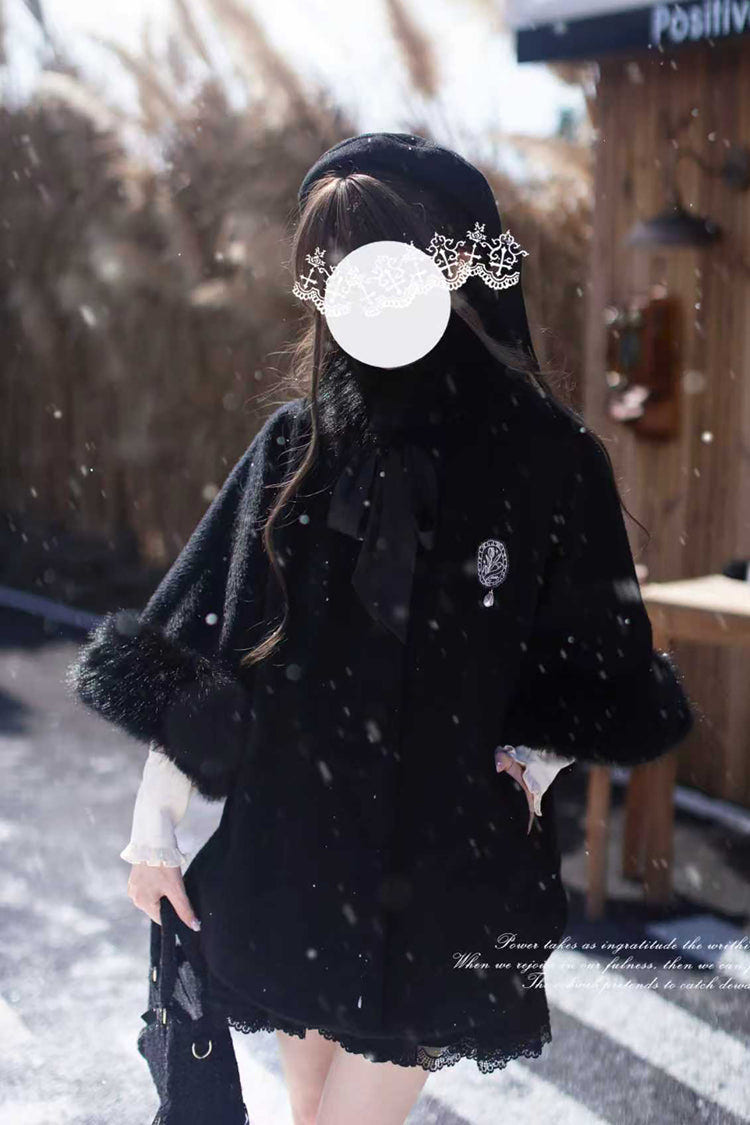 Black Long Sleeves Lace Gothic Japanese Lolita Fluffy Cloak Coat - Product - 4
