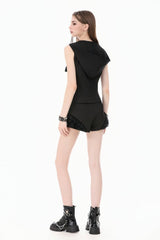 Black Sleeveless Studded Zippered Women's Punk Hooded Vest - Product - 11