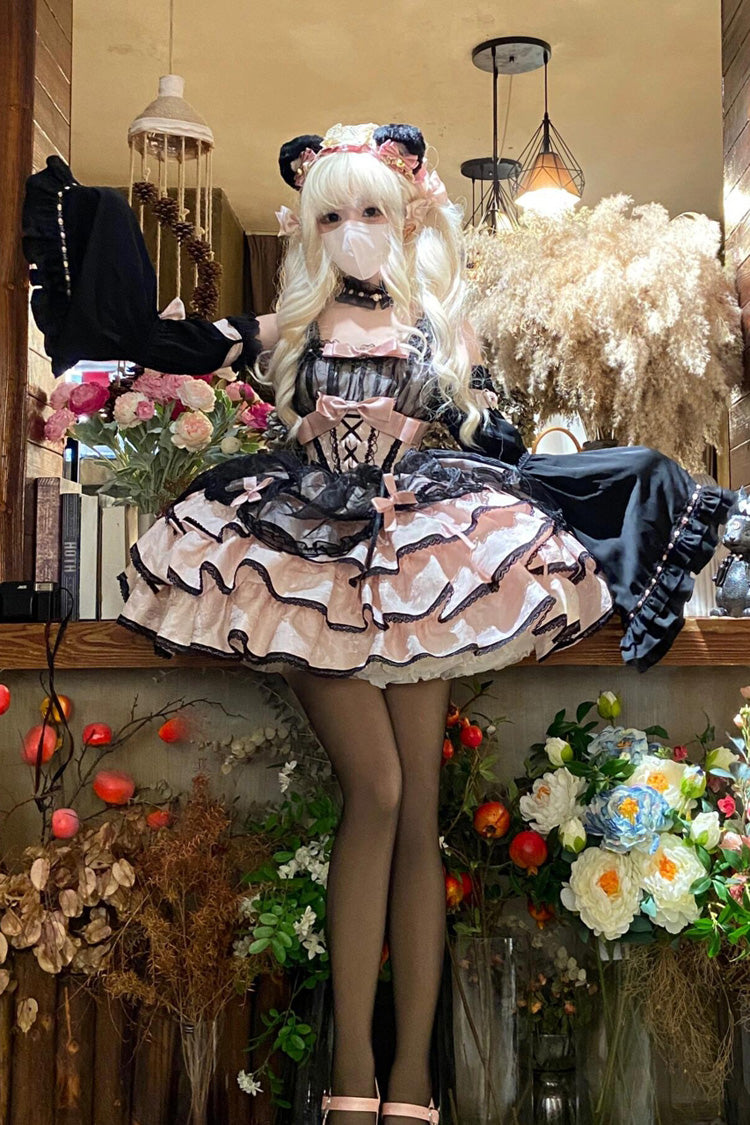 Black/Pink Sleeveless Multi-layer Ruffle Bowknot Lace-Up Gothic Princess Lolita Jsk Dress - Product - 2