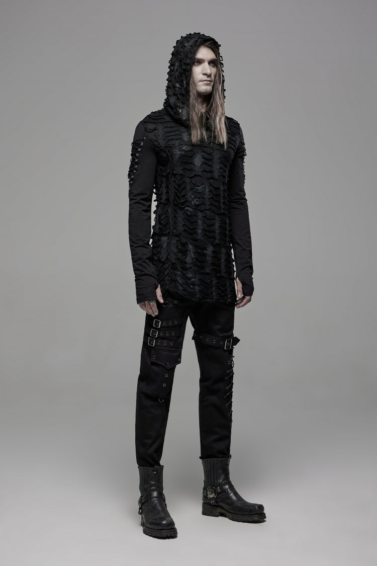 Black Long Sleeves Lace-Up Hooded Ripped Pleated Men's Gothic Cool T-Shirt - Product - 3