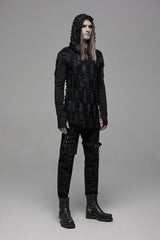 Black Long Sleeves Lace-Up Hooded Ripped Pleated Men's Gothic Cool T-Shirt - Product - 3