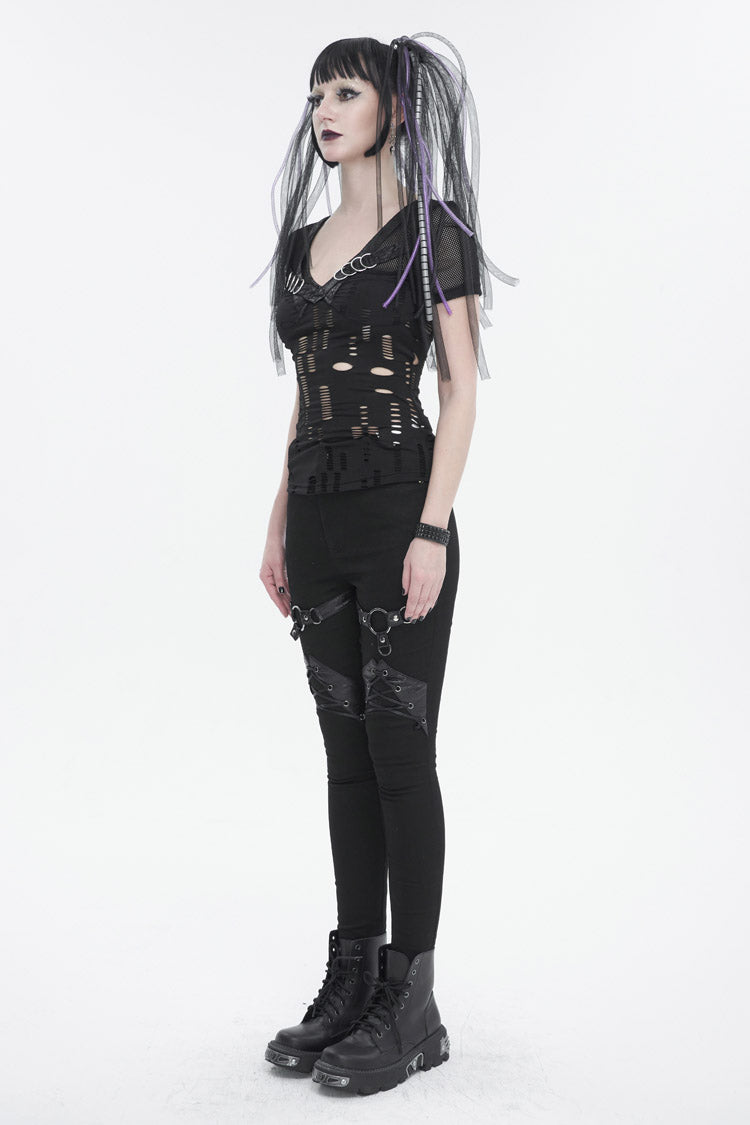 Black V Neck Stretch Destroyed Faux Leather Metal Ring Women's Punk T-Shirt - Product - 4