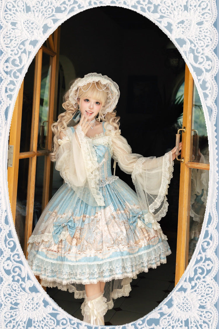 Blue Unicorn Print Sleeveless Multi-Layered Embroidery Bowknot Lace Sweet (Dress Only) detail view 14
