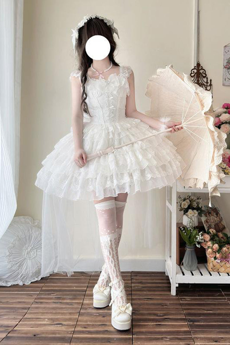 White [From Broken Wings to Rebirth] Sleeveless Multi-Layered Ruffle Bowknot Lace-Up Gothic Ballet Lolita Jsk Dress - Product - 2