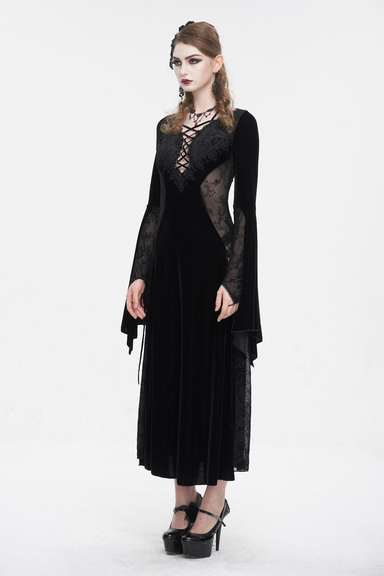 Black Velvet Mesh Splice Long Women's Gothic Dress - Product - 4