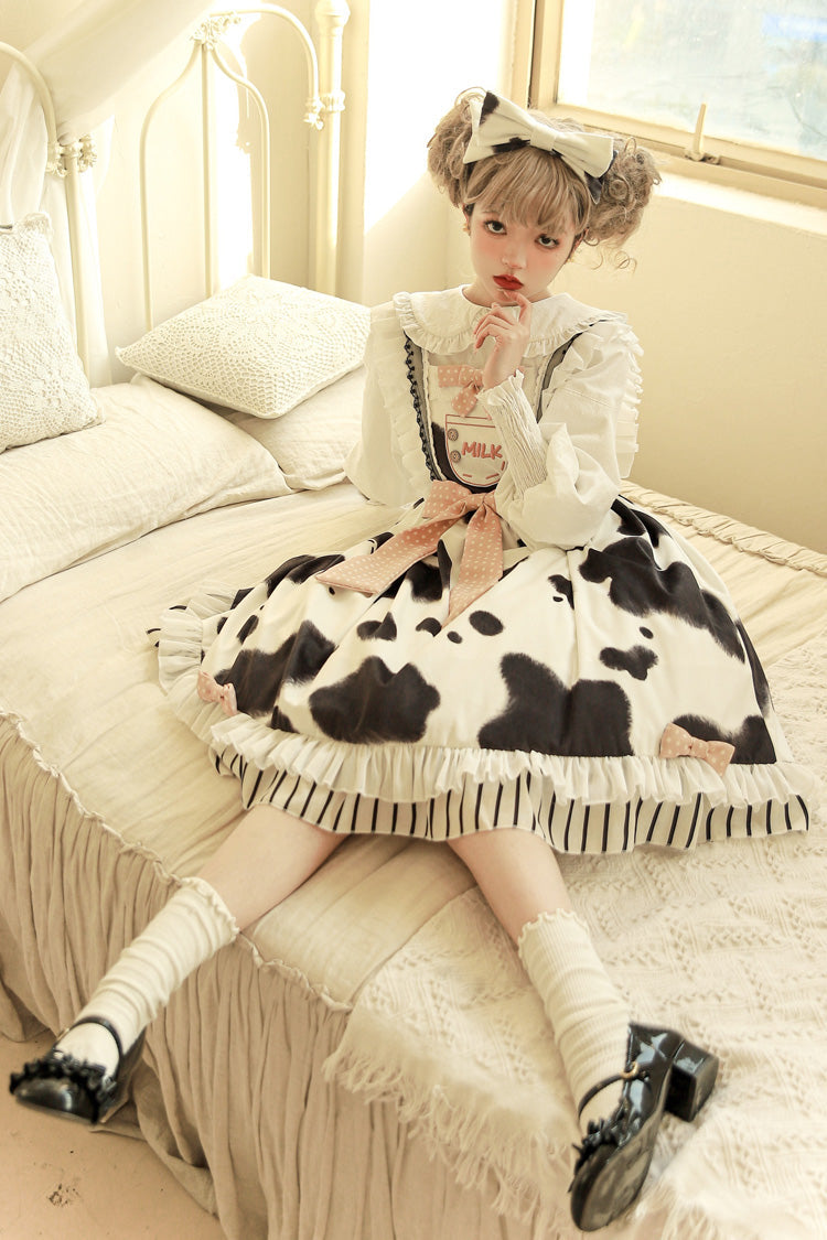 Milk Cow Print Ruffle Bowknot Sweet Lolita Jsk Dress 5 Colors - Product - 15