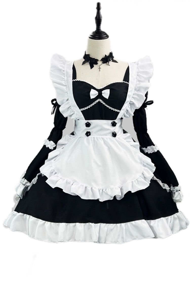 Black/White Maid Long Hime Sleeves Ruffle Bowknot Sweet Plus Size Lolita Dress Full Set - Product - 7