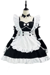 Black/White Maid Long Hime Sleeves Ruffle Bowknot Sweet Plus Size Lolita Dress Full Set - Product - 7