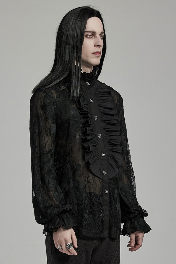 Black Stand Collar Lantern Sleeves Print Ruffle Lace Men's Gothic Blouse - Product - 2