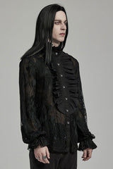Black Stand Collar Lantern Sleeves Print Ruffle Lace Men's Gothic Blouse - Product - 2
