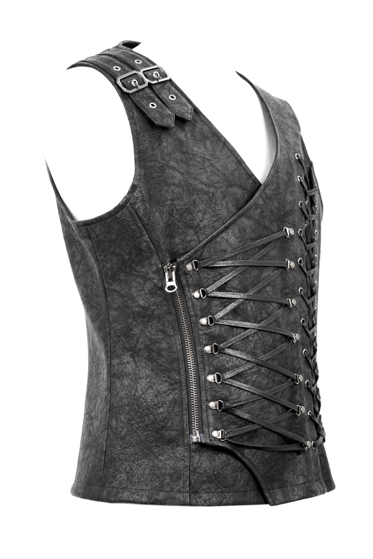 Gray V Neck Fog Flower Shoulder Loop Chest Lace Up Men's Punk Waistcoat - Product - 7