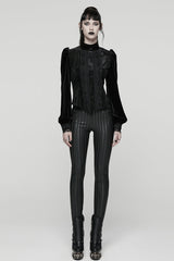 Black Stand Collar Long Puff Sleeves Floral Embroidered Lace-Up Women's Gothic Blouse - Product - 4
