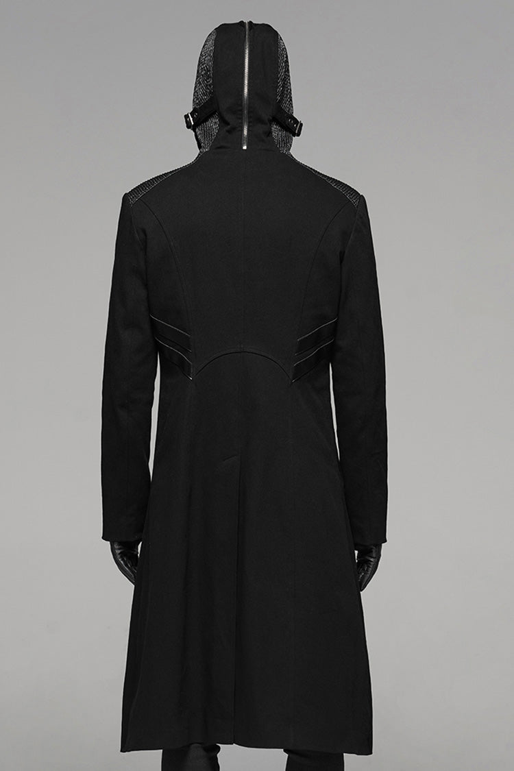 Black Long Sleeves Hooded Rivet Men's Punk Military Long Jacket - Product - 3