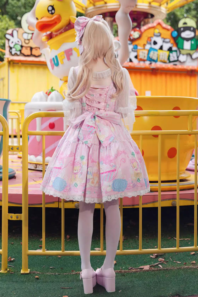 Pink [Macaron Dolly House] Sleeveless Print Bowknot Sweet Lolita Jsk Dress - Product - 4
