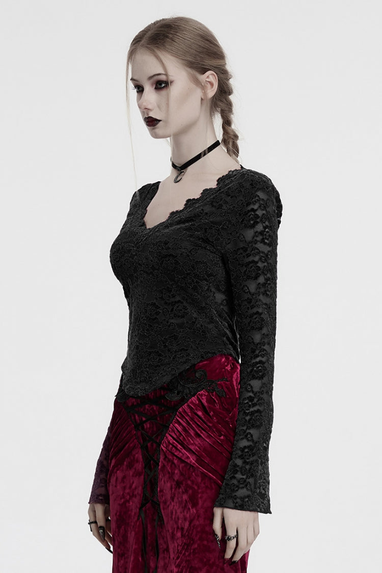 Black V Collar Long Sleeves Lace Sheer Women's Gothic Blouse - Product - 2