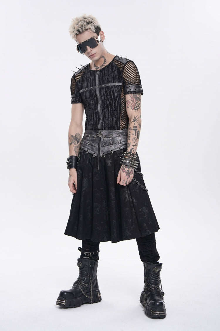 Black Printed Spliced Lace-Up Pleated Chain-Decorated Men's Punk Skirt - Product - 7