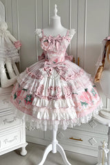 Pink [Berry Sweet Wish] Square Collar Printed Ruffled Open-Front Bow Lace Pearl-Decorated Sweet Lolita Jsk Dress Set - Product - 3