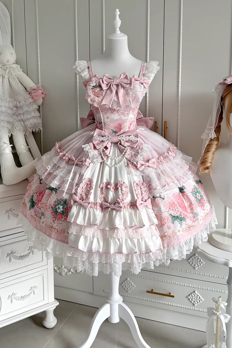 Pink [Berry Sweet Wish] Square Collar Printed Ruffled Open-Front Bow Lace Pearl-Decorated Sweet Lolita Jsk Dress Set - Product - 3