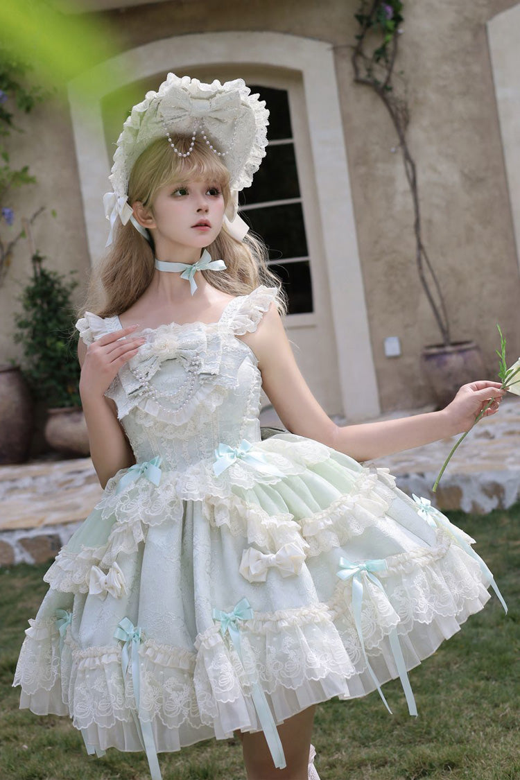 Green [Blossoming Heart Love ] Sleeveless Dark Jacquard Print Bowknot Lace Sweet Lolita Jsk Dress - Product - 4