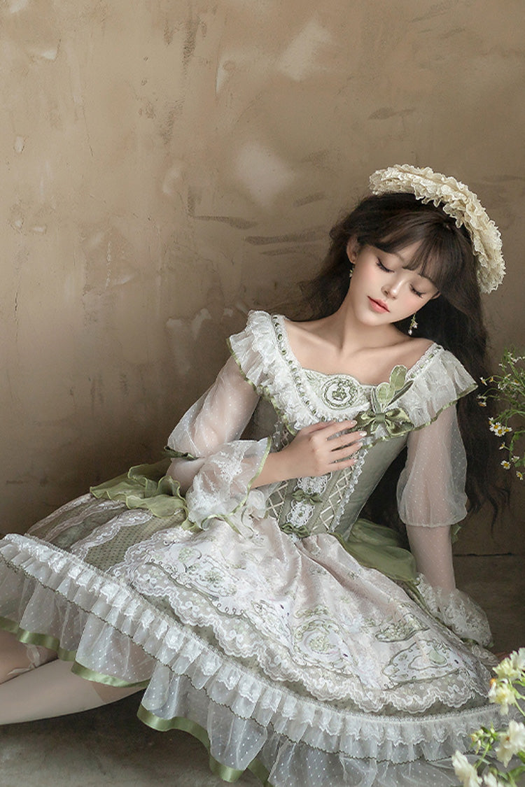 Green [Teacup Rabbit Little Fresh] Print Ruffle Bowknot Lace Lace-Up Sweet Lolita OP Dress - Product - 5