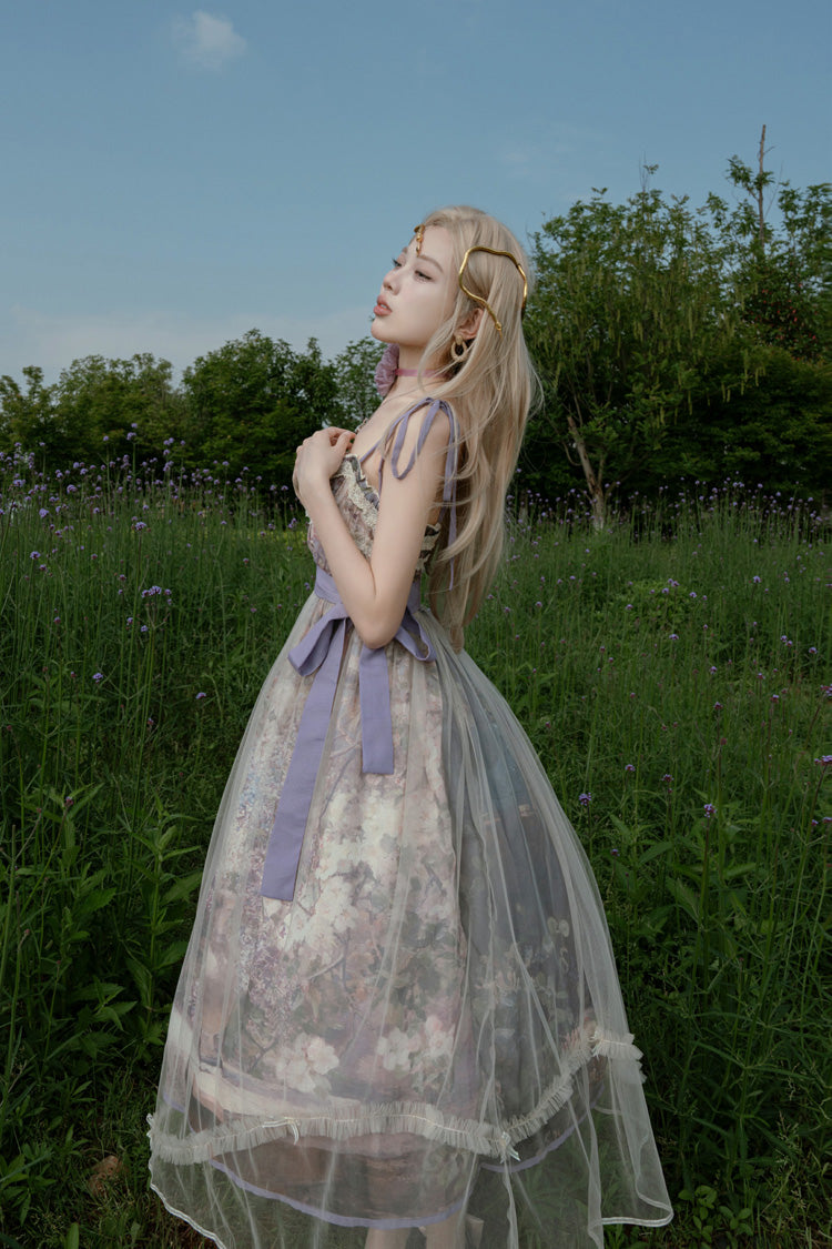Purple [Oil Painting – In the Shade of Blossoming Trees] Sleeveless Print Ruffle Bowknot Lace Sweet Lolita Jsk Dress - Product - 13