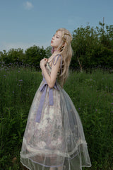 Purple [Oil Painting – In the Shade of Blossoming Trees] Sleeveless Print Ruffle Bowknot Lace Sweet Lolita Jsk Dress - Product - 13