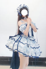 Blue/White Sleeveless Multi-Layered Print Bowknot Fishbone Sweet Classic Chinese Style Lolita Jsk Short Dress - Product - 6