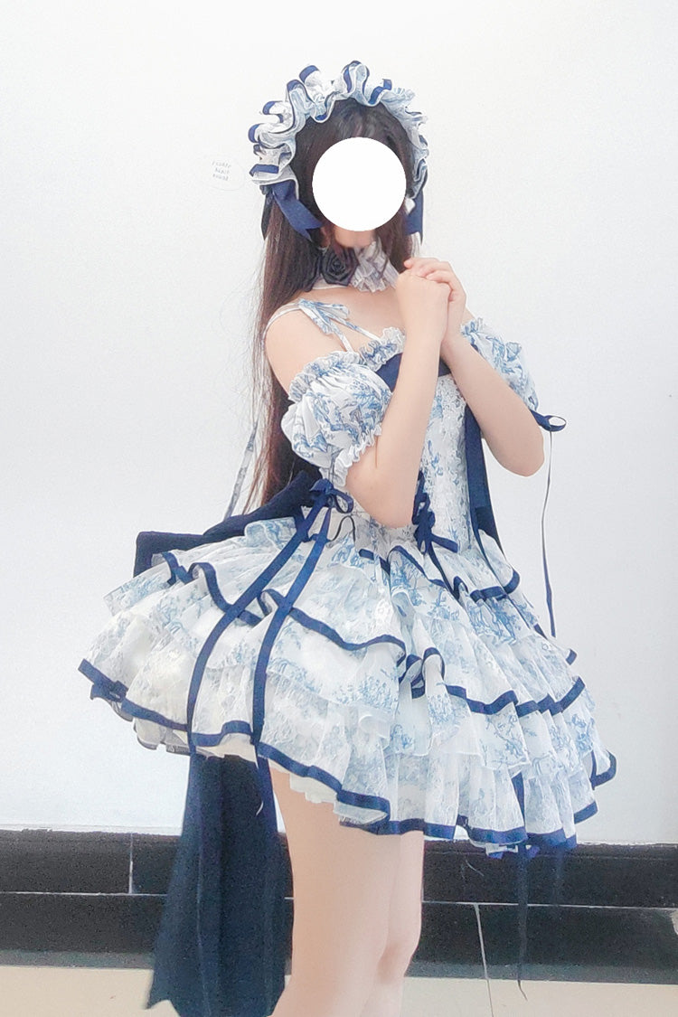 Blue/White Sleeveless Multi-Layered Print Bowknot Fishbone Sweet Classic Chinese Style Lolita Jsk Short Dress - Product - 6