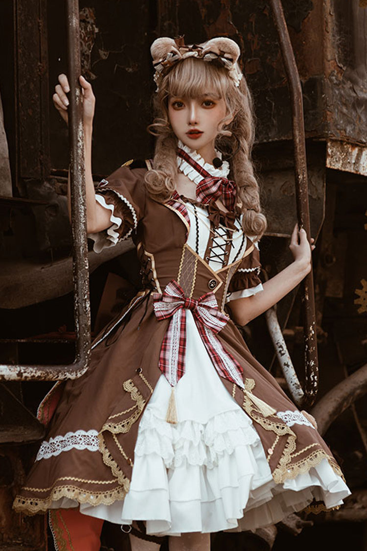 White/Brown Bear Detective Short Sleeves Ruffle Cardigan Bowknot Gothic Punk Lolita Dress - Product - 4