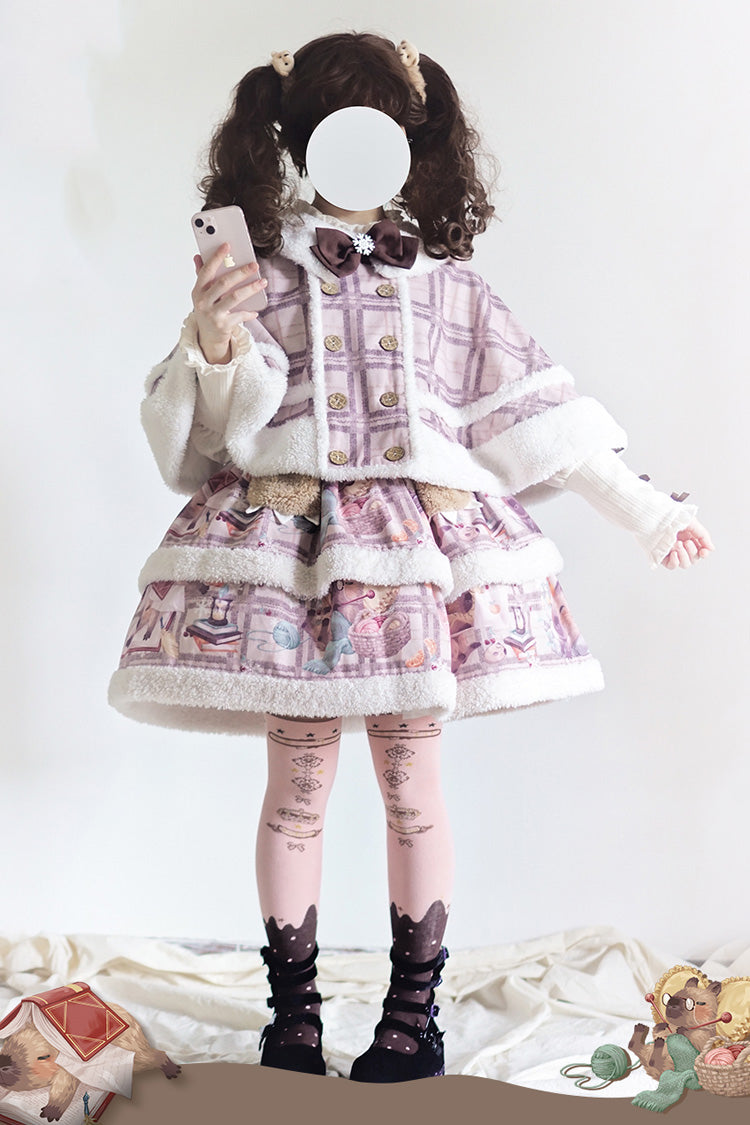 Pink/Purple [Capybara] Double-Layered Print Fluffy Fall Winter Sweet Lolita Jsk Dress - Product - 13