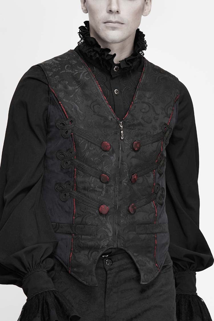 Black Dark Jacquard Chest Plate Buttons Back Lace Up Men's Gothic Waistcoat - Black - 1