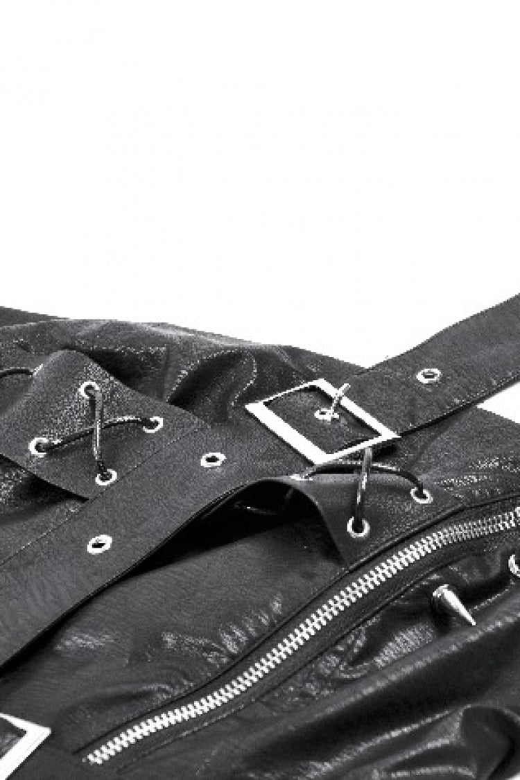 Black Sleeveless Single Shoulder Strap Straps Diagonal Zipper Studded Women'S Punk Faux Leather Vest - Product - 14