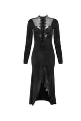 Black Small Stand Collar Cashew Paisley Lace On Chest Mesh Paneled Asymmetrical Hem Long Sleeve Women's Gothic Dress - Product - 7