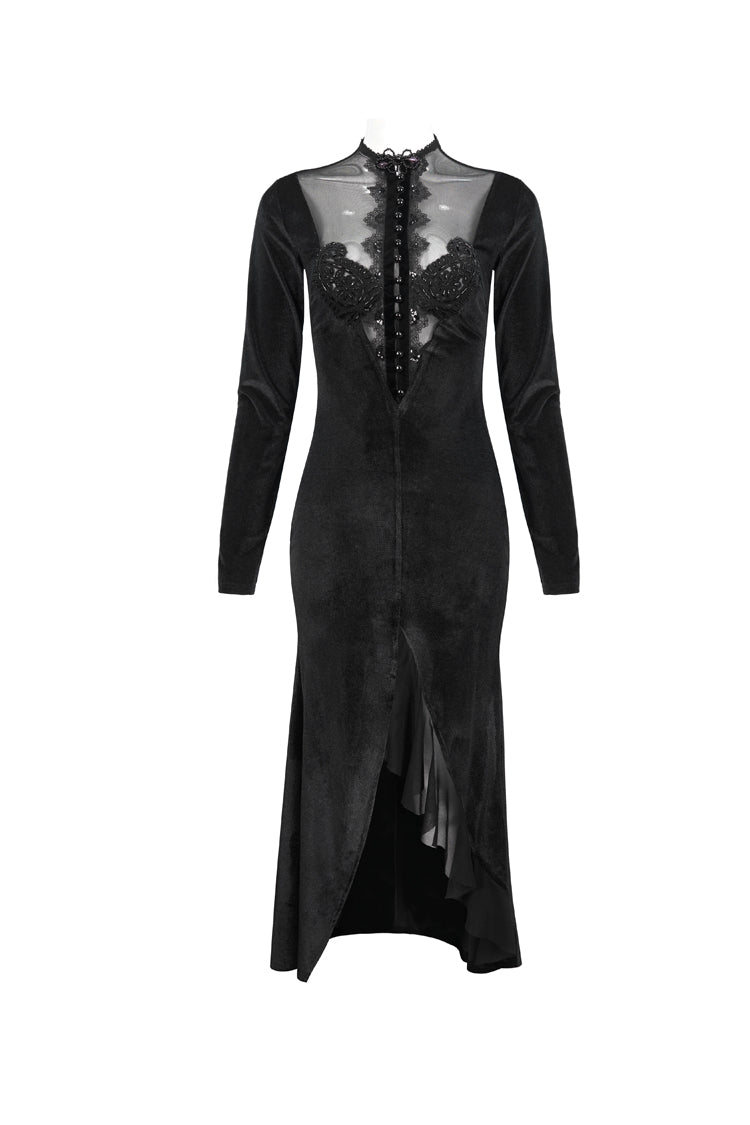 Black Small Stand Collar Cashew Paisley Lace On Chest Mesh Paneled Asymmetrical Hem Long Sleeve Women's Gothic Dress - Product - 7