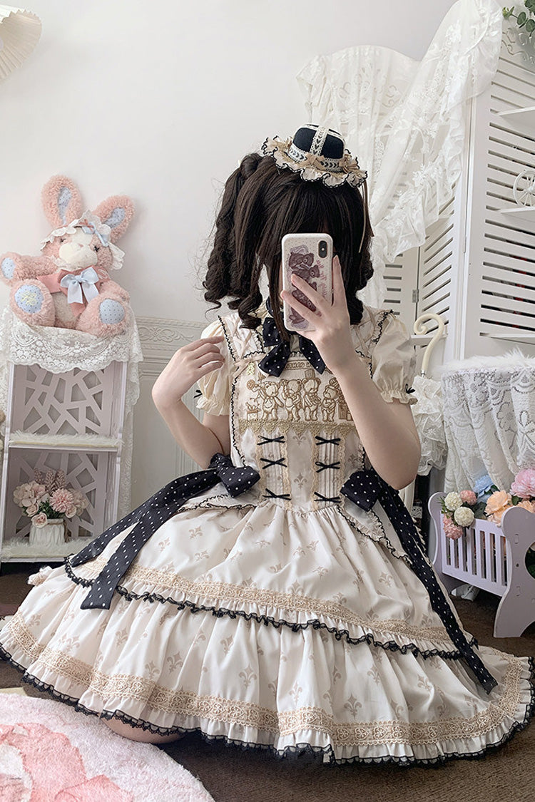 Ivory [Bear’s Holiday] Sleeveless Double-Layered Ruffled Embroidered Bow Sweet Lolita Jsk Dress - Product - 5