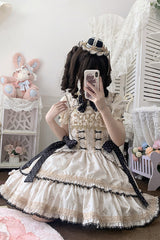 Ivory [Bear’s Holiday] Sleeveless Double-Layered Ruffled Embroidered Bow Sweet Lolita Jsk Dress - Product - 5