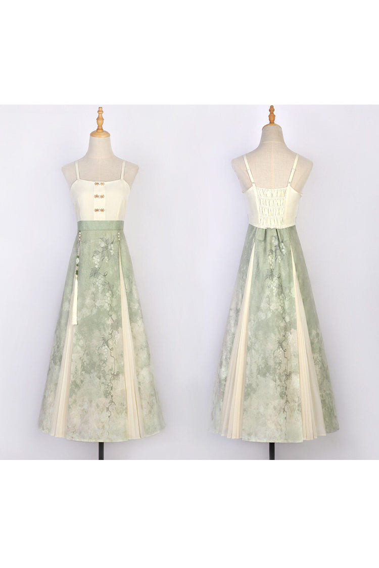 Green/Apricot [Green Grapes] High Waisted Printed Women's Daily Sweet Hanfu Dress Set - Product - 8