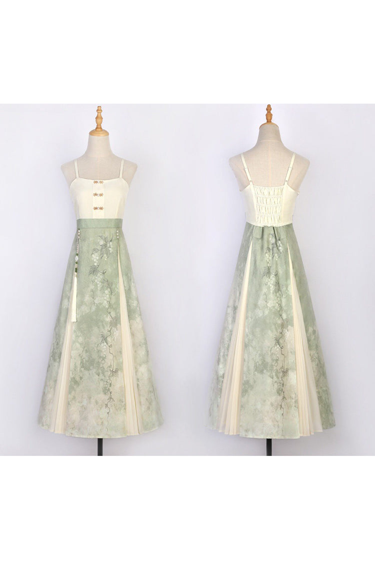 Green/Apricot [Green Grapes] High Waisted Printed Women's Daily Sweet Hanfu Dress Set - Product - 8