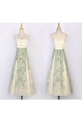 Green/Apricot [Green Grapes] High Waisted Printed Women's Daily Sweet Hanfu Dress Set - Product - 8