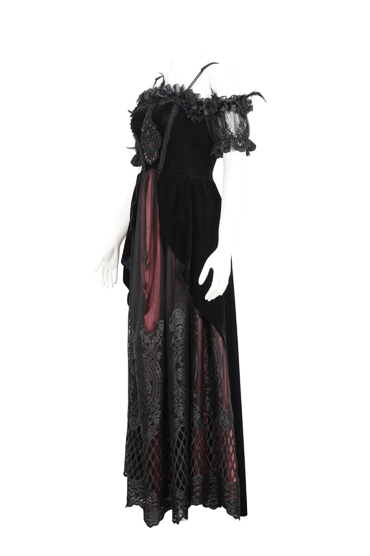 Red Off Shoulder High Waisted Print Lace Women's Gothic Dress - Product - 8