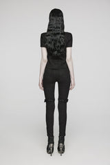 Black Twill Woven Short Sleeves Hollow Leather Stitching Womens Steampunk Blouse - Product - 4