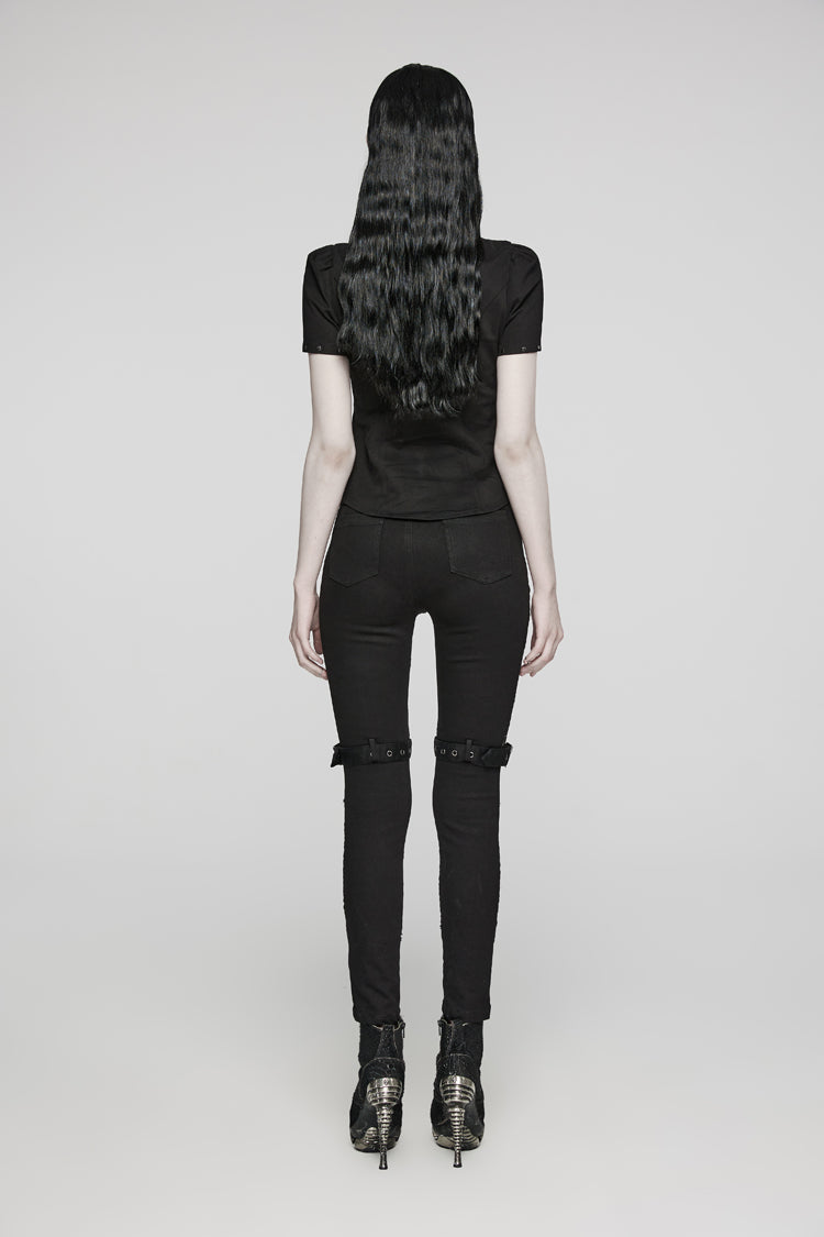 Black Twill Woven Short Sleeves Hollow Leather Stitching Womens Steampunk Blouse - Product - 4