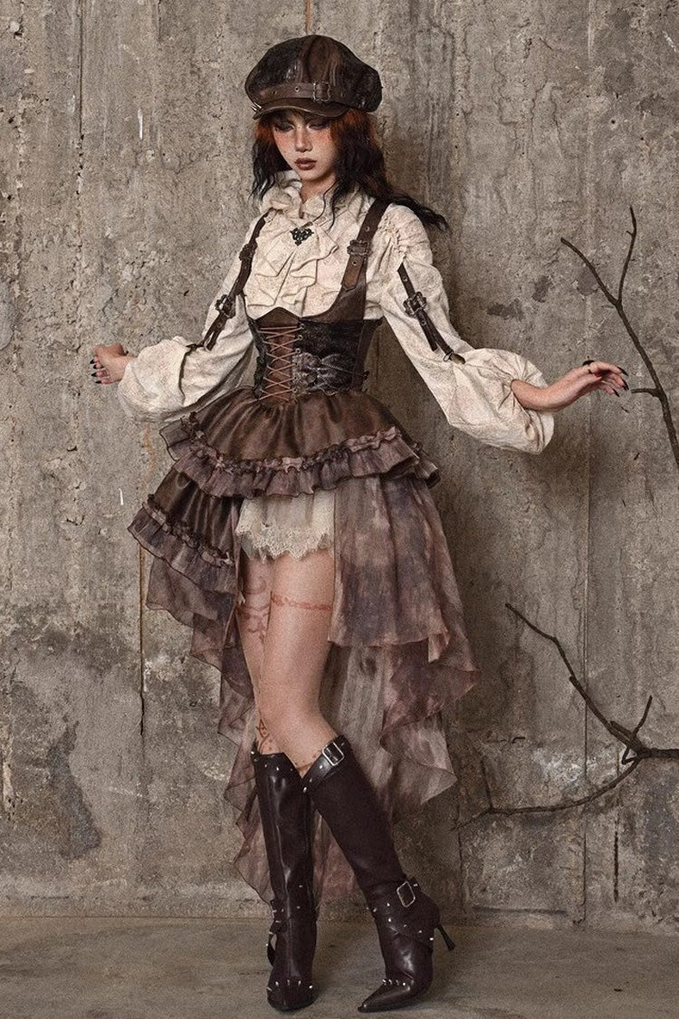 Brown Chest Straps Ruffle Irregular Detachable Tail Punk Lolita Dress - Product - 14