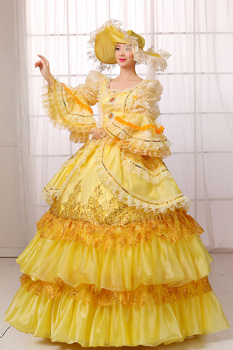 Yellow Hime Sleeves High Waisted Lace Stitching Gem Button Multi-Layer Victorian Lolita Prom Dress - Product - 3