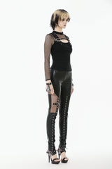 Black Cross Lace-Up PU Sheer Mesh Women's Gothic Punk Pants - Product - 2