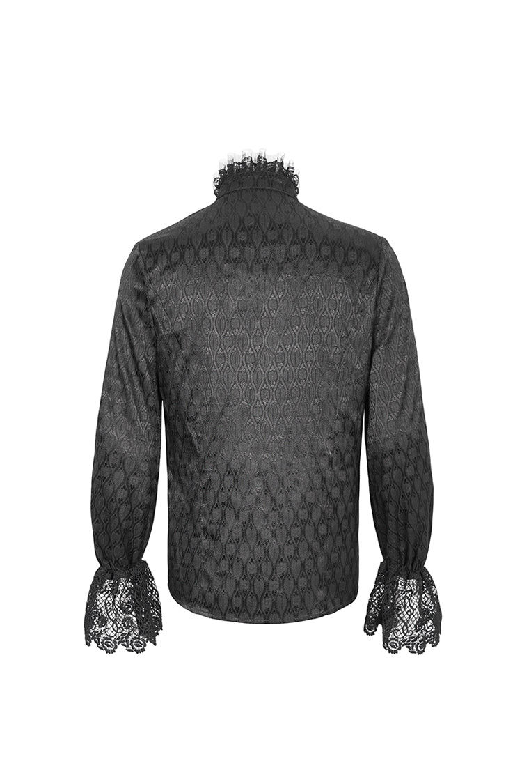 Black Stand Collar Puff Sleeved Lace Splice Men's Gothic Shirt - Product - 9