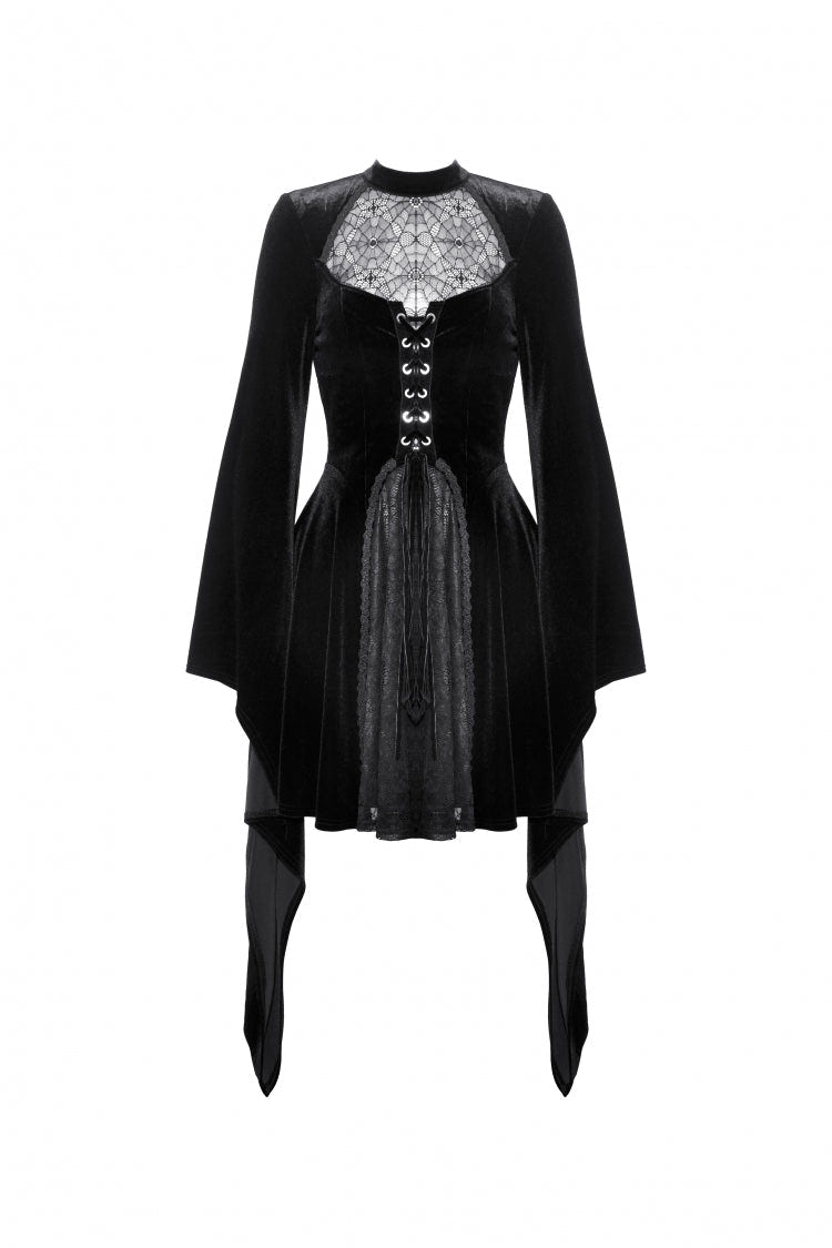 Black Long Trumpet Sleeves Spliced Lace-Up Spider Mesh Women's Gothic Velvet Wedding Dress - Product - 3